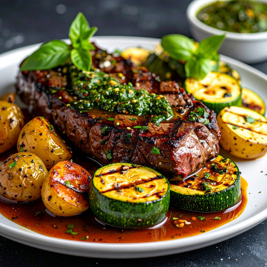 Grilled Skirt Steak on a bed of petite potatoes, grilled zucchini and topped with chimichurri sauce
