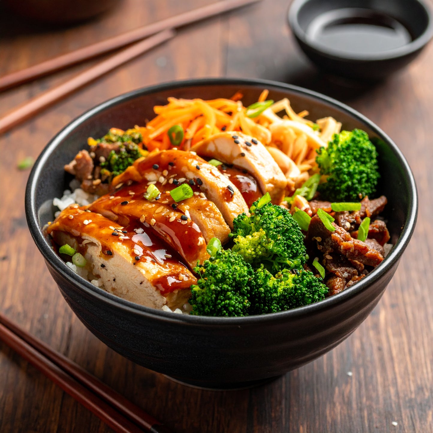 Teriyaki chicken or beef with steamed rice and roasted vegetables